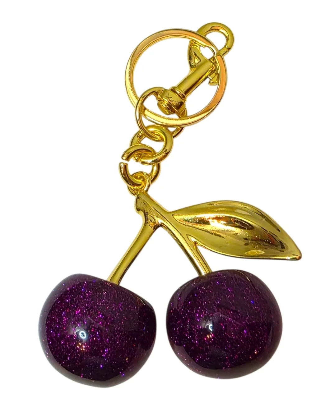 Large Purple Glitter Cherry Charm with shiny Gold Hardware